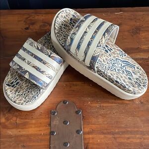 FARM Rio x Adidas Cream and Blue Platform Sandals